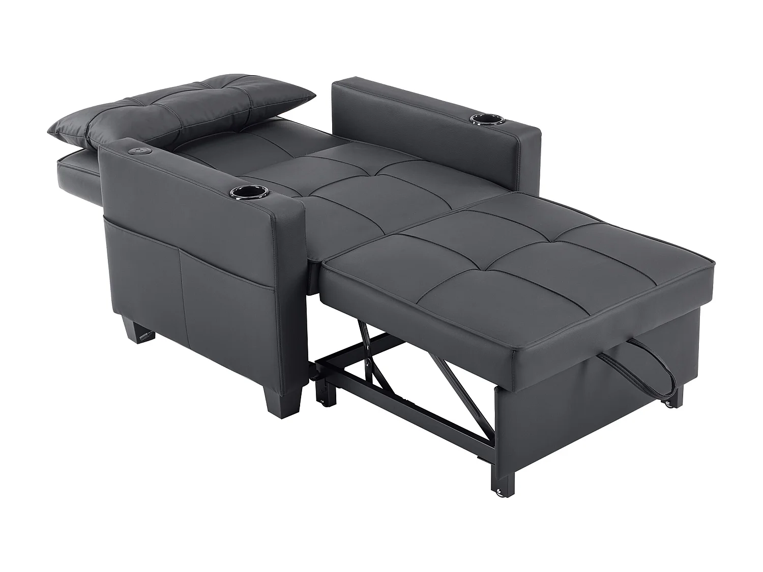 1-Sitzer Sofa aus schwarzem Kunstleder mit USB-Anschluss und Becherhalter - Umwandelbar in Bett oder Chaiselongue