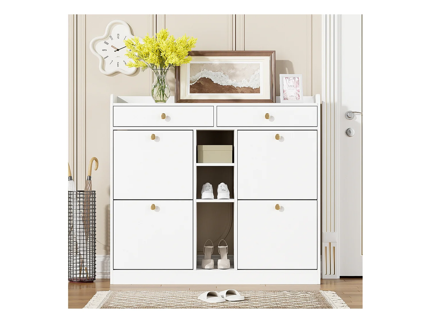 Meuble à chaussures blanc avec 4 portes basculantes et 2 tiroirs – pour entrée et couloir