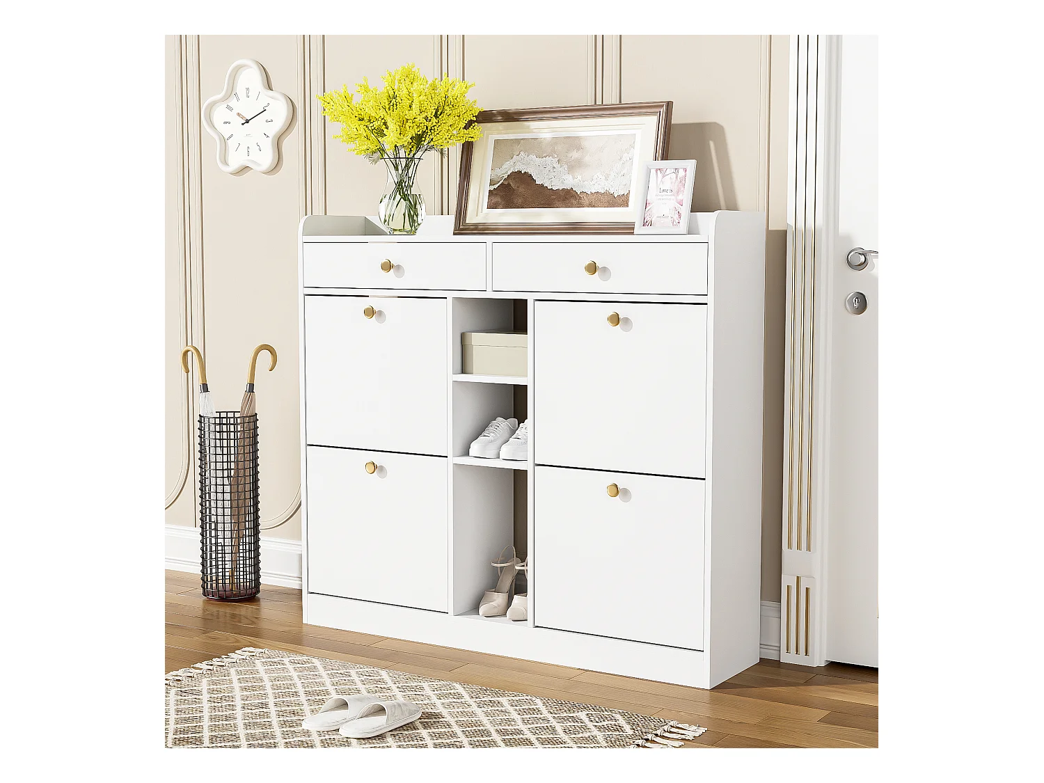 Meuble à chaussures blanc avec 4 portes basculantes et 2 tiroirs – pour entrée et couloir