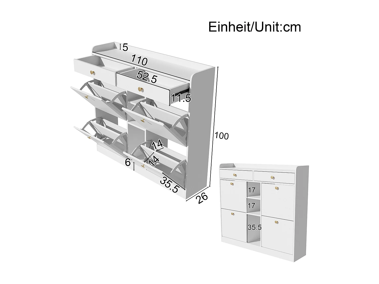 Meuble à chaussures blanc avec 4 portes basculantes et 2 tiroirs – pour entrée et couloir