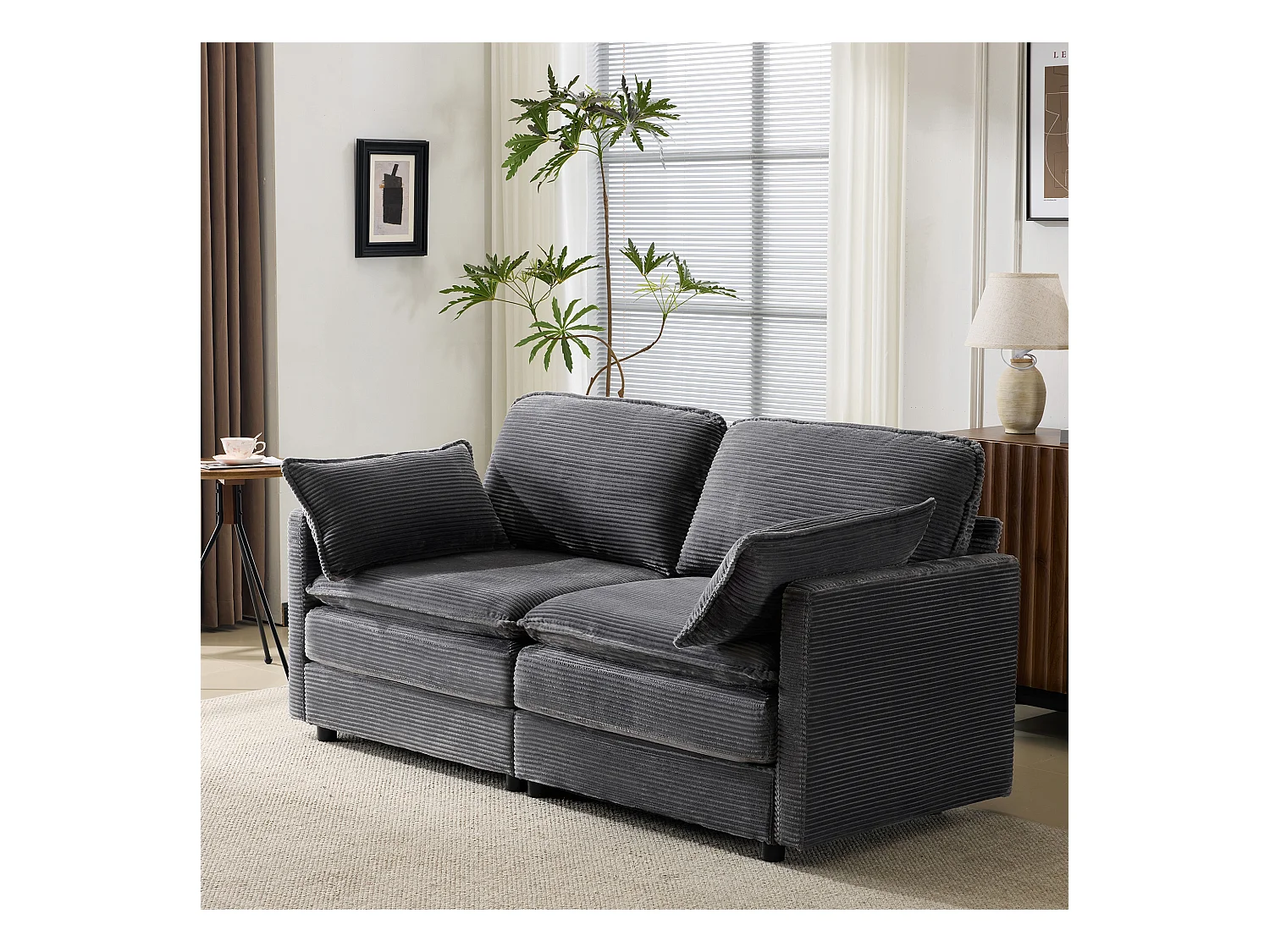 Canapé 2 places en velours côtelé gris - Dossier rembourré - Style moderne