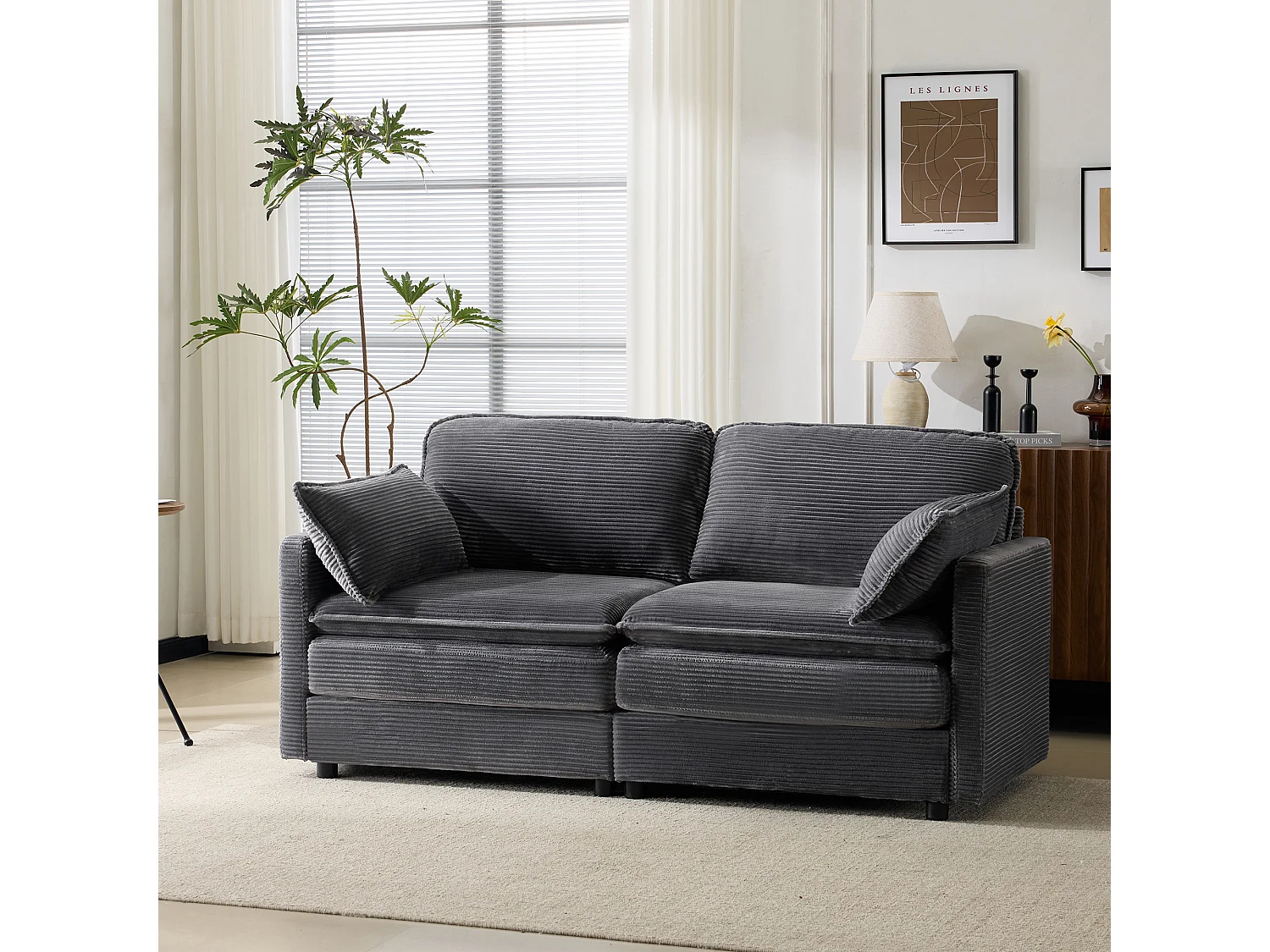 2-Sitzer Sofa aus grauem Cord mit gepolsterter Rückenlehne - Modernes Design