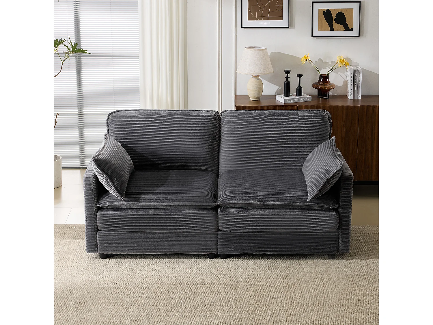 2-Sitzer Sofa aus grauem Cord mit gepolsterter Rückenlehne - Modernes Design