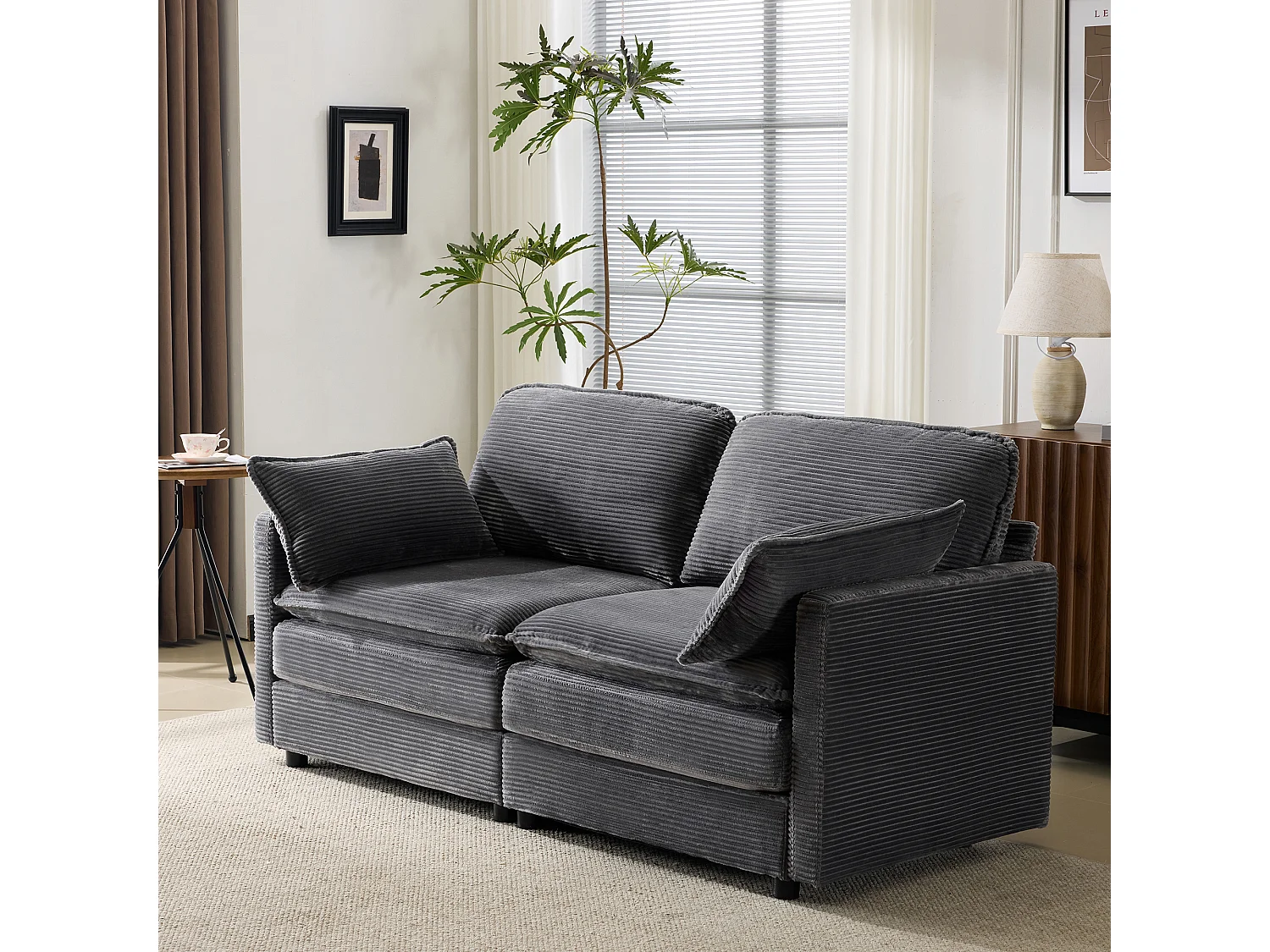 2-Sitzer Sofa aus grauem Cord mit gepolsterter Rückenlehne - Modernes Design