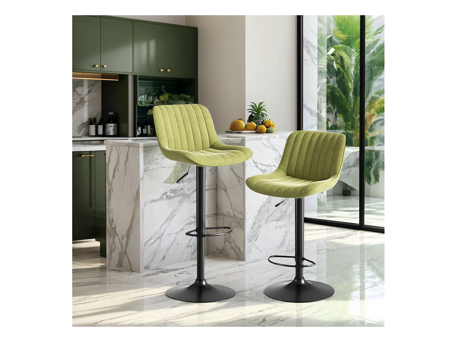 Lot de 2 tabourets de bar en velours vert, pivotants et réglables en hauteur