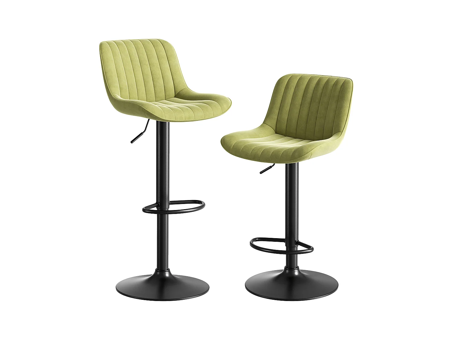 Lot de 2 tabourets de bar en velours vert, pivotants et réglables en hauteur