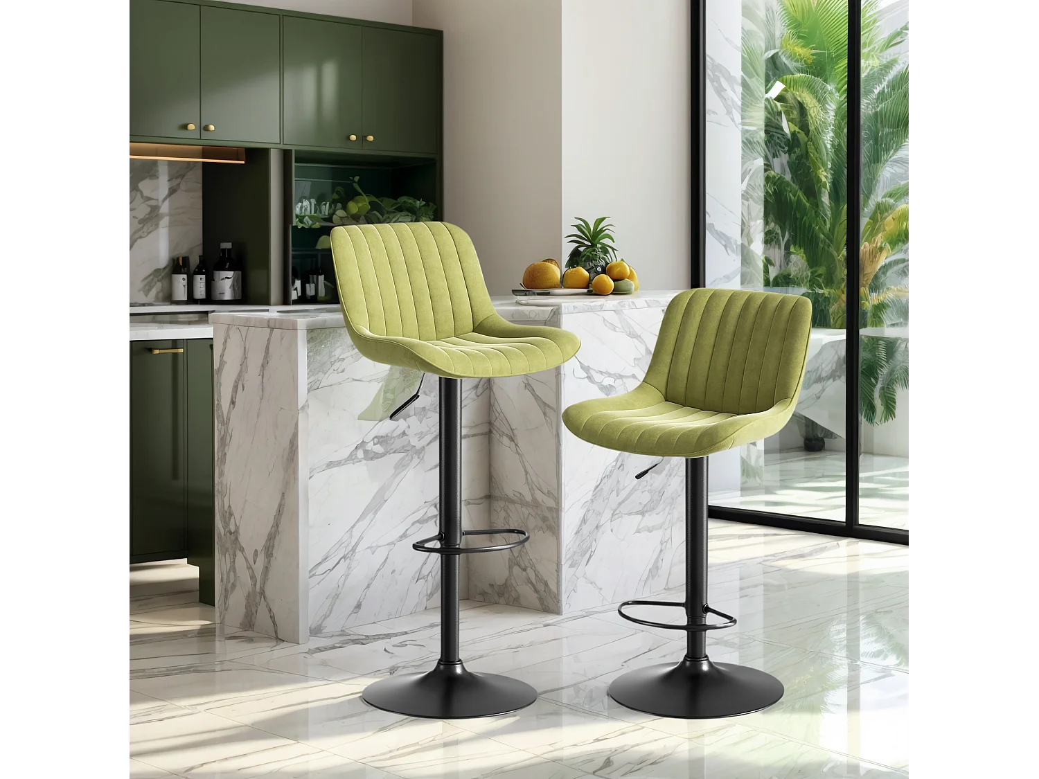 Lot de 2 tabourets de bar en velours vert, pivotants et réglables en hauteur