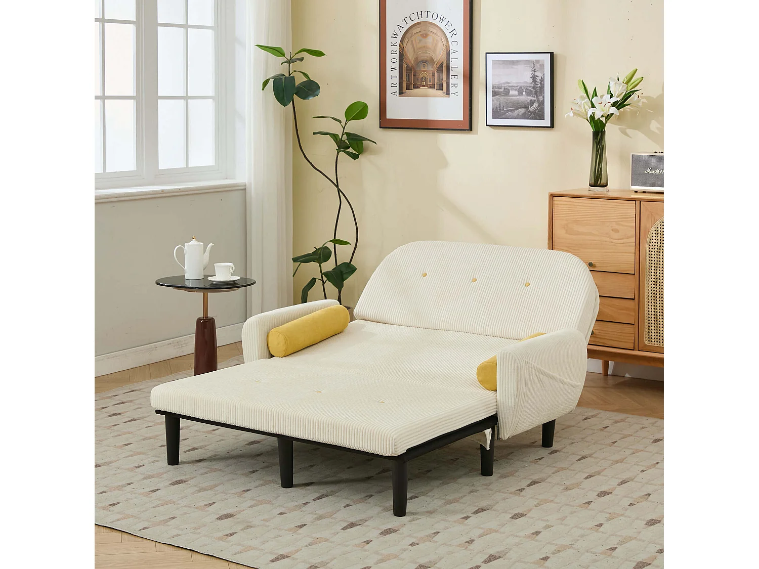 2-zits slaapbank van ivoorkleurig ribfluweel - om te bouwen tot bed of chaise longue