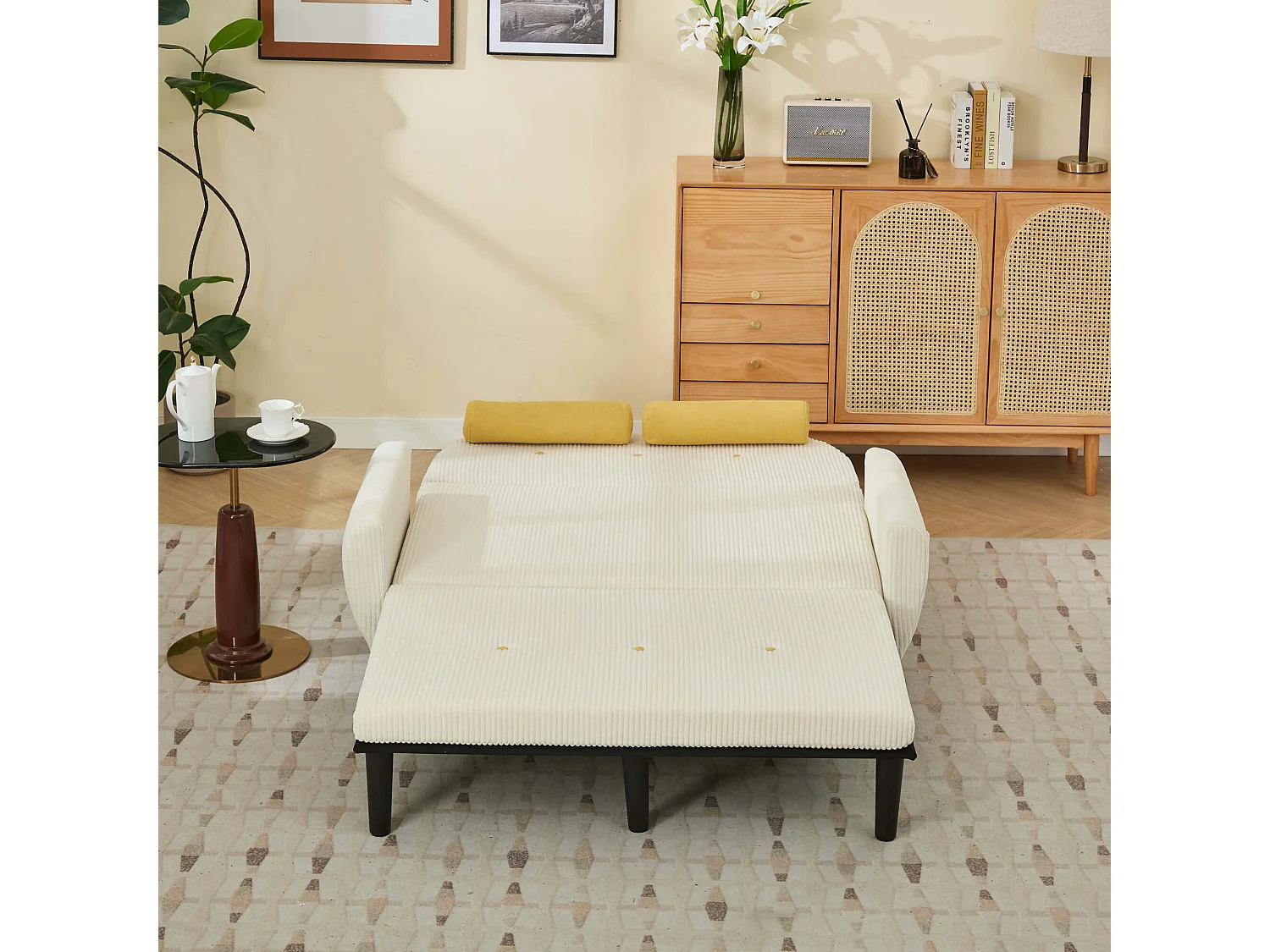 2-zits slaapbank van ivoorkleurig ribfluweel - om te bouwen tot bed of chaise longue