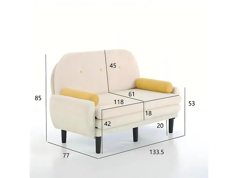 Canapé convertible 2 places en velours côtelé ivoire - Convertible en lit ou chaise longue