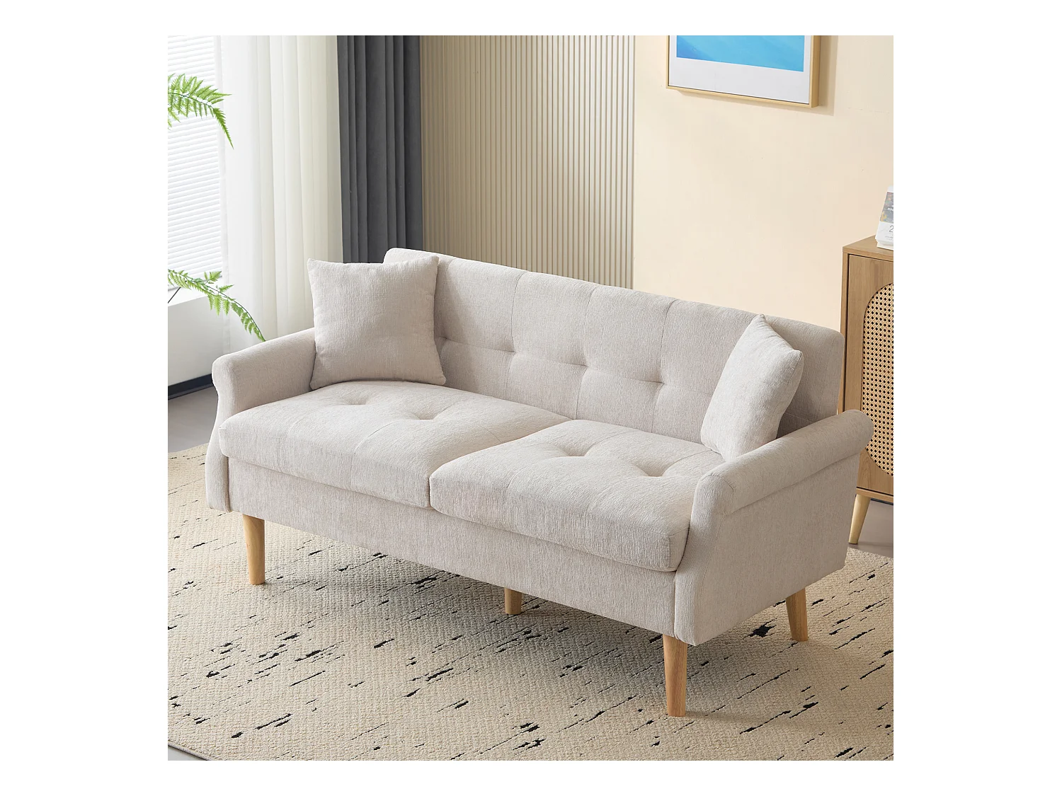 Canapé 2 places avec accoudoirs et coussins, chenille beige, pieds en bois - pour salon et chambre