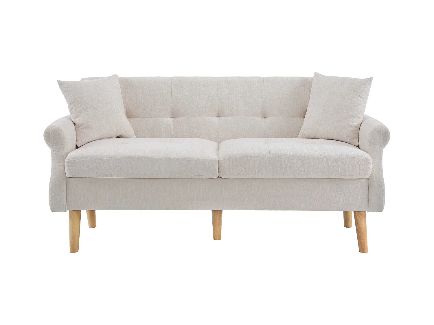 Canapé 2 places avec accoudoirs et coussins, chenille beige, pieds en bois - pour salon et chambre