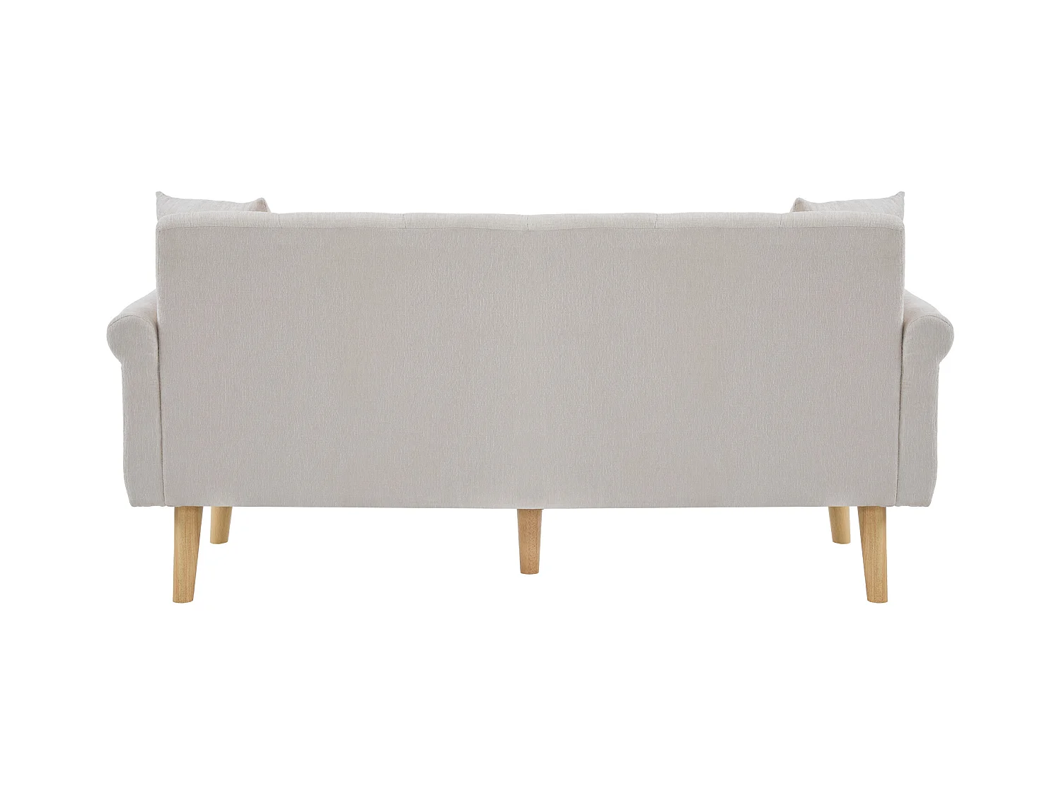 Canapé 2 places avec accoudoirs et coussins, chenille beige, pieds en bois - pour salon et chambre