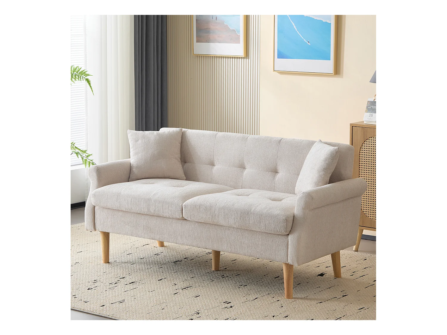 Canapé 2 places avec accoudoirs et coussins, chenille beige, pieds en bois - pour salon et chambre