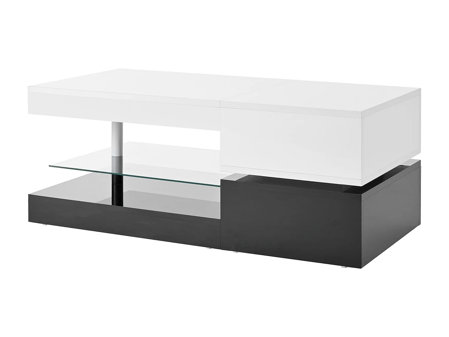 Witte salontafel met verstelbare LED-verlichting en glazen legplanken, zwart onderstel