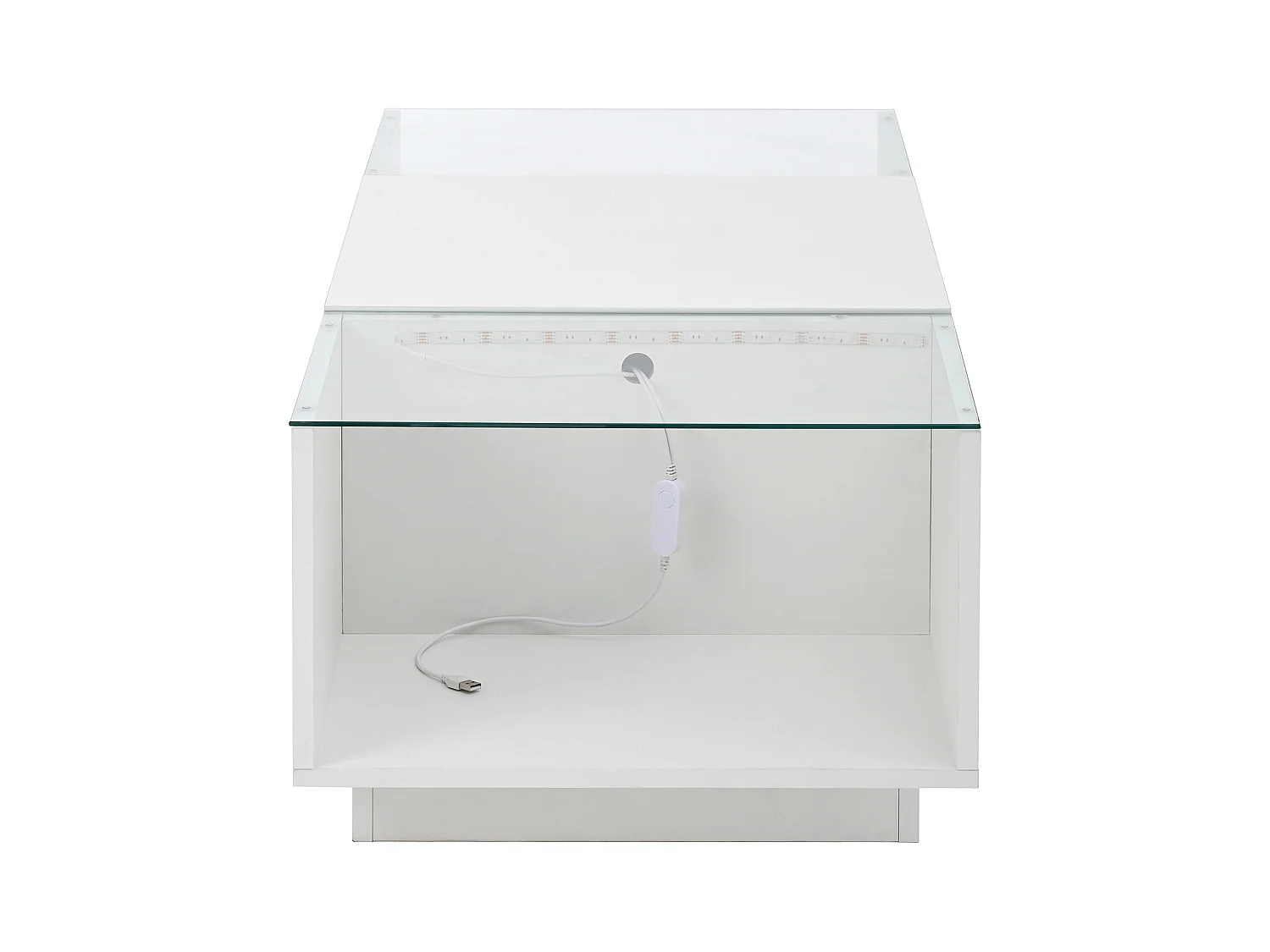 Table basse blanche avec 2 tiroirs de rangement, panneaux latéraux en verre et éclairage LED