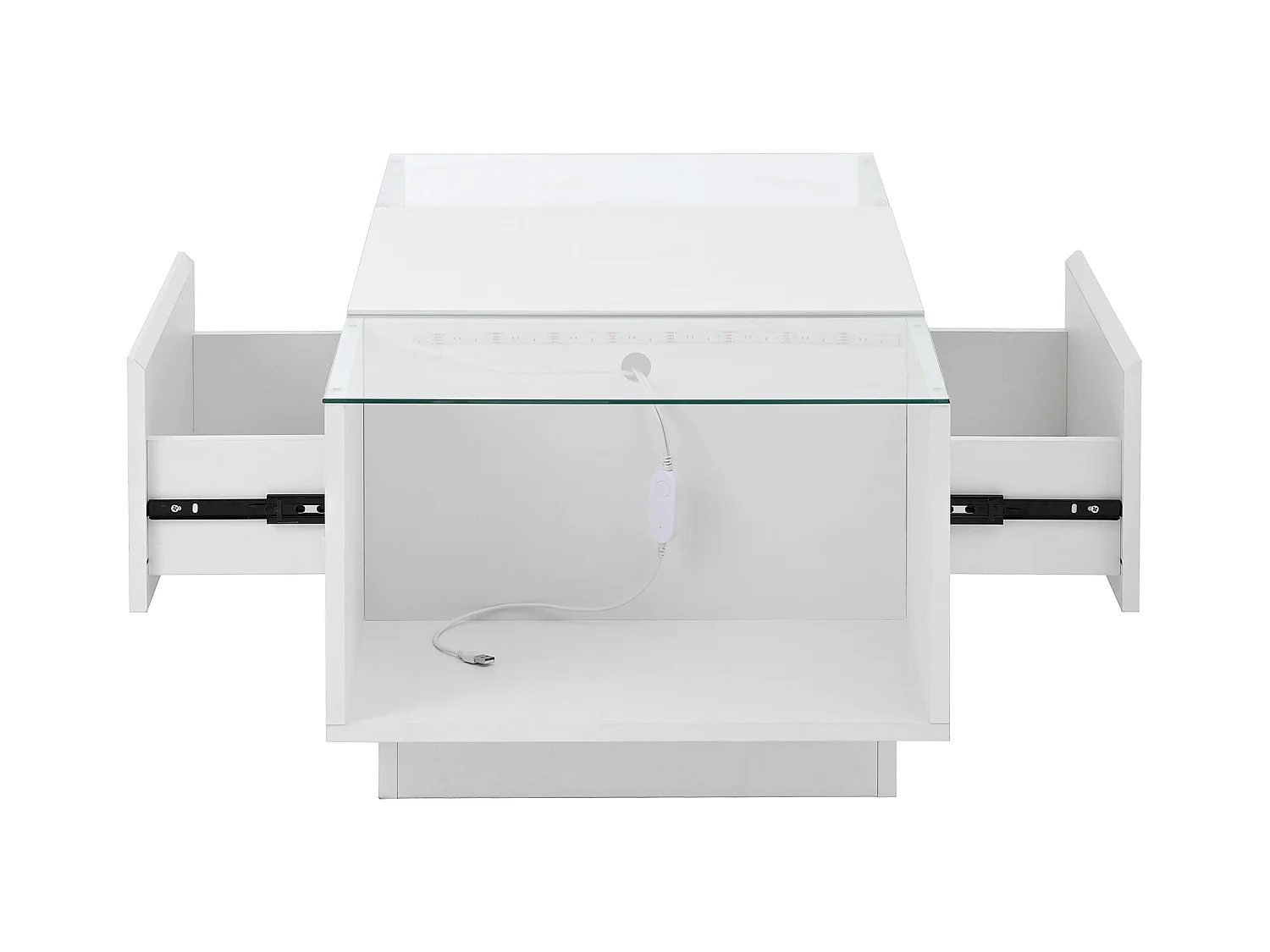 Table basse blanche avec 2 tiroirs de rangement, panneaux latéraux en verre et éclairage LED