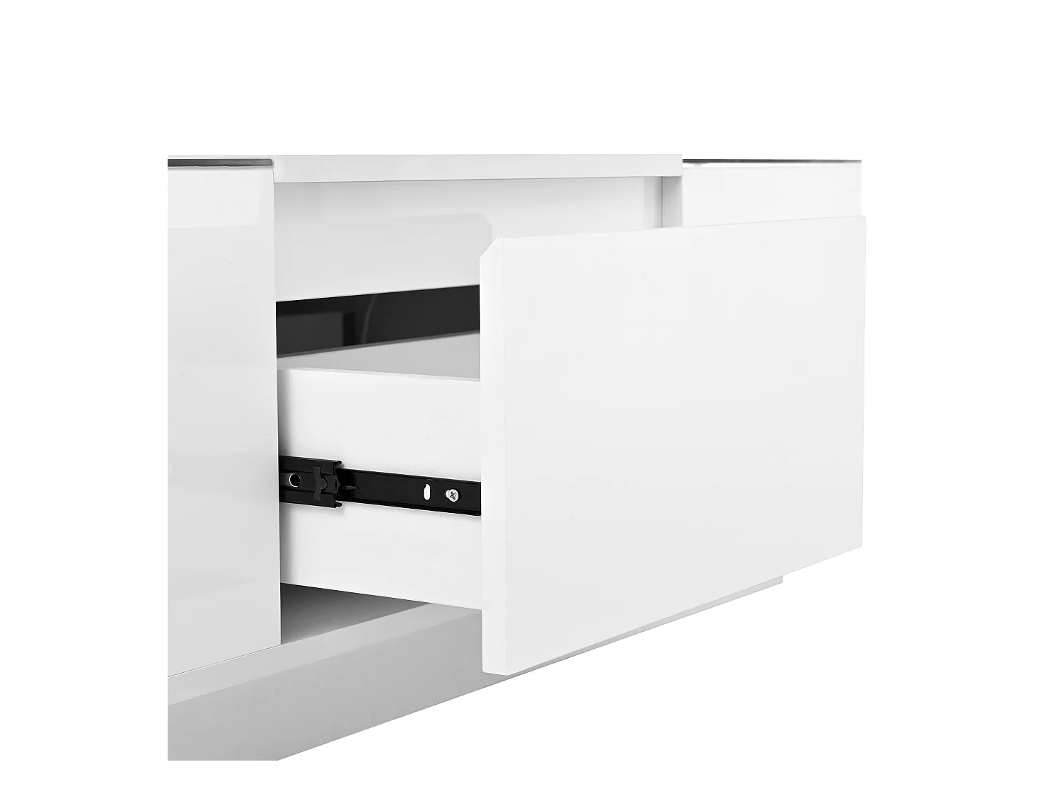 Table basse blanche avec 2 tiroirs de rangement, panneaux latéraux en verre et éclairage LED