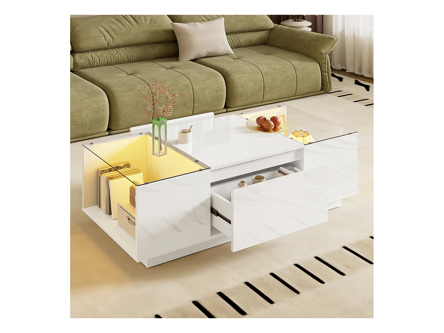 Table basse blanche avec 2 tiroirs de rangement, panneaux latéraux en verre et éclairage LED