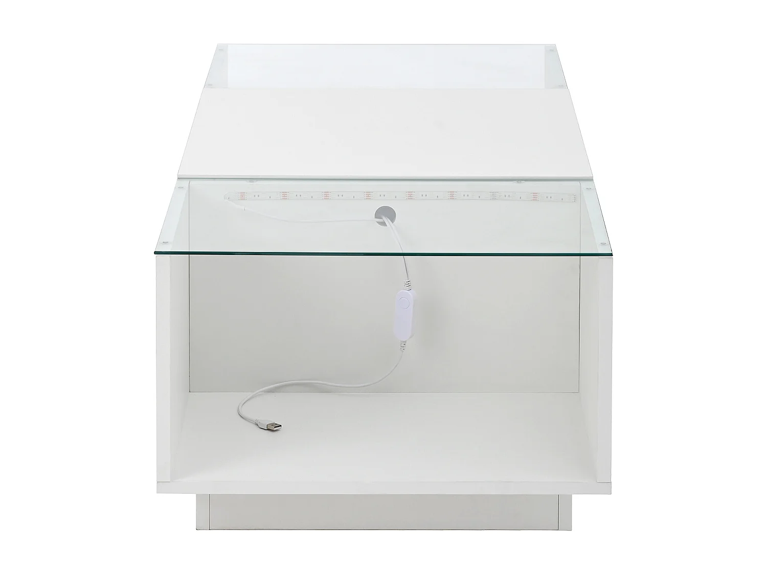 Table basse blanche avec 2 tiroirs de rangement, panneaux latéraux en verre et éclairage LED