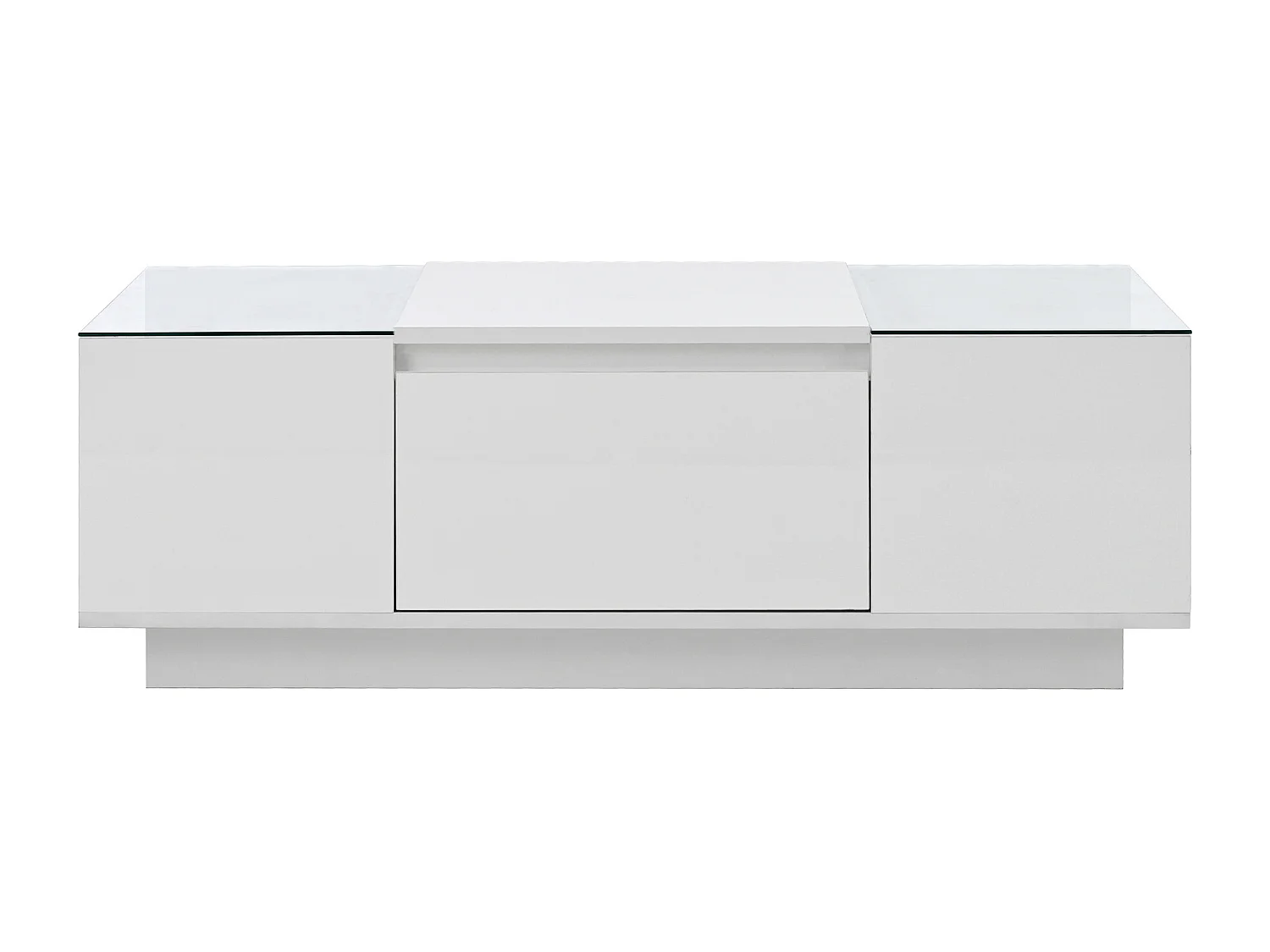 Table basse blanche avec 2 tiroirs de rangement, panneaux latéraux en verre et éclairage LED