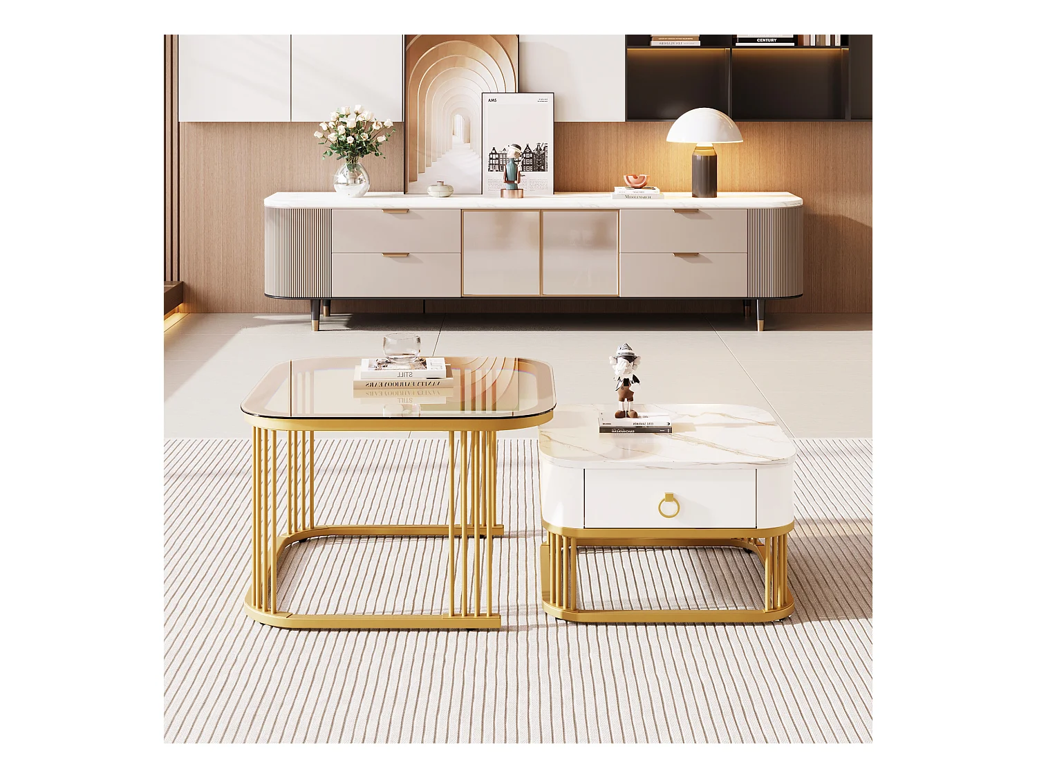 Lot de 2 tables basses avec 1 tiroir, plateau en verre marron et plateau en placage de marbre, structure en métal