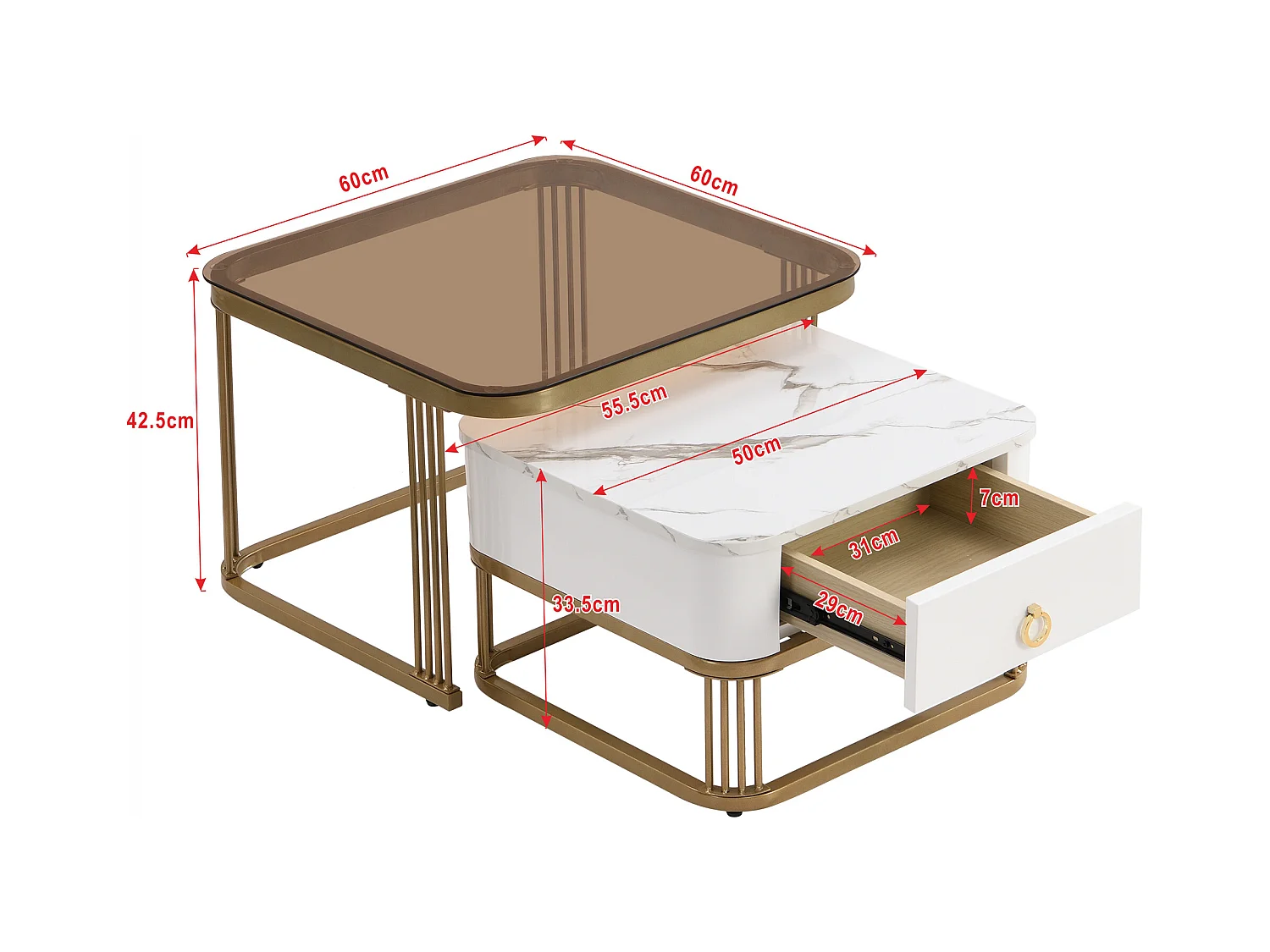 Lot de 2 tables basses avec 1 tiroir, plateau en verre marron et plateau en placage de marbre, structure en métal