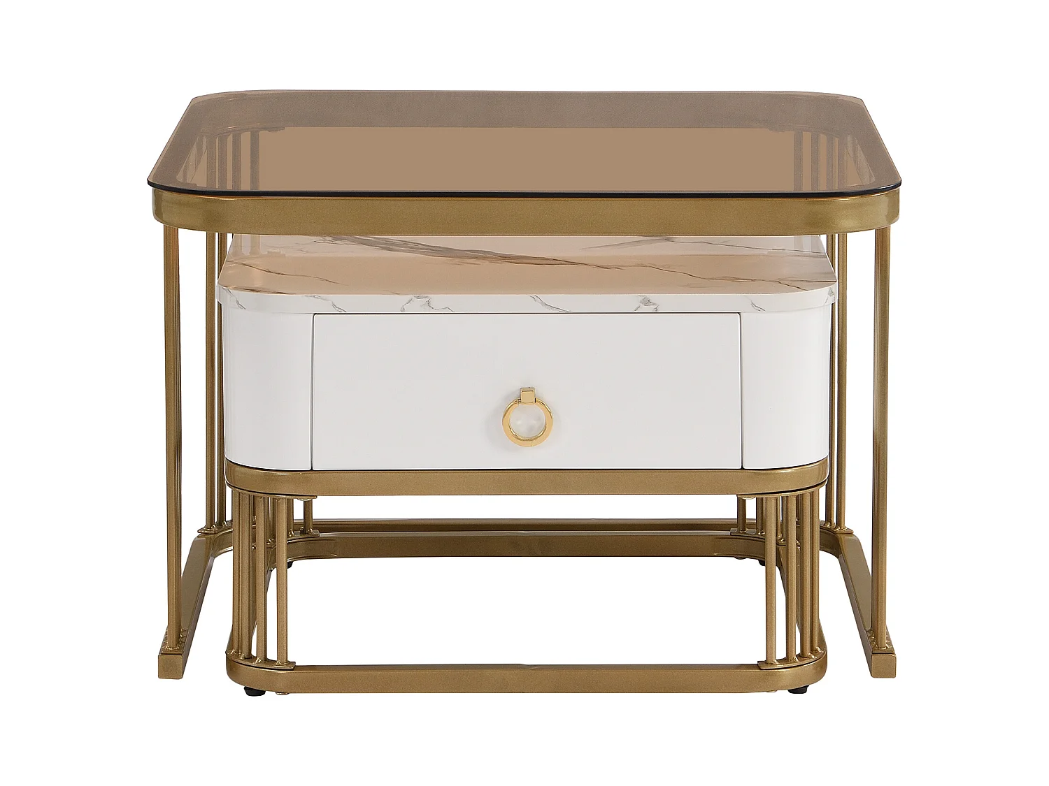 Lot de 2 tables basses avec 1 tiroir, plateau en verre marron et plateau en placage de marbre, structure en métal