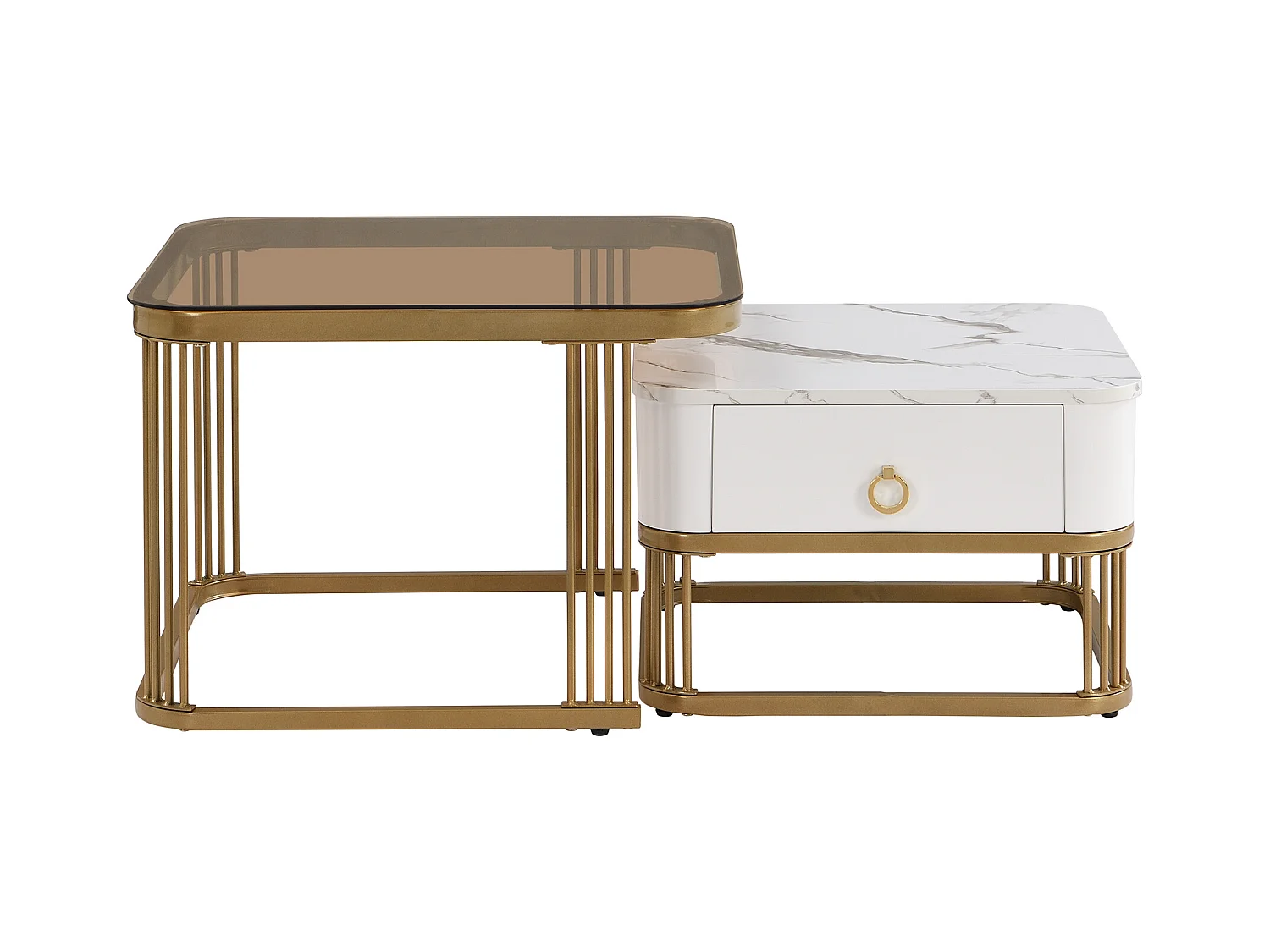 Lot de 2 tables basses avec 1 tiroir, plateau en verre marron et plateau en placage de marbre, structure en métal