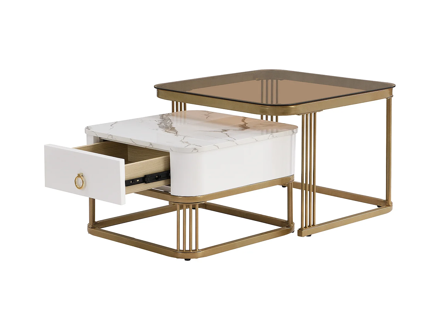 Lot de 2 tables basses avec 1 tiroir, plateau en verre marron et plateau en placage de marbre, structure en métal