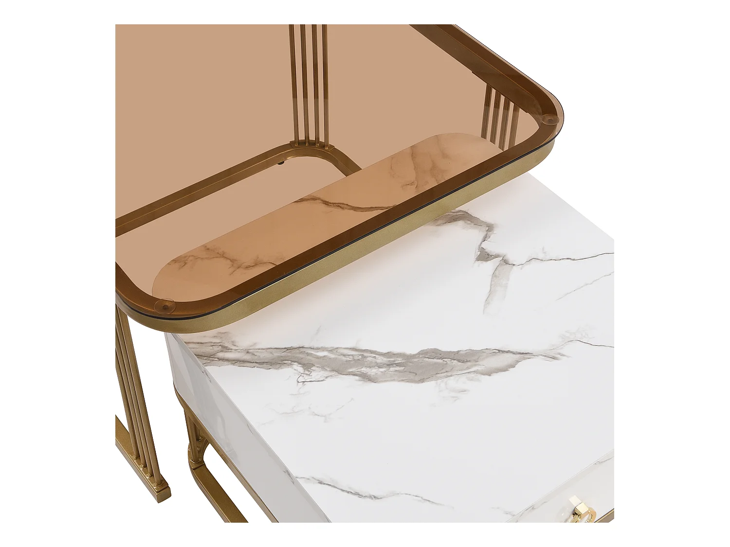 Lot de 2 tables basses avec 1 tiroir, plateau en verre marron et plateau en placage de marbre, structure en métal