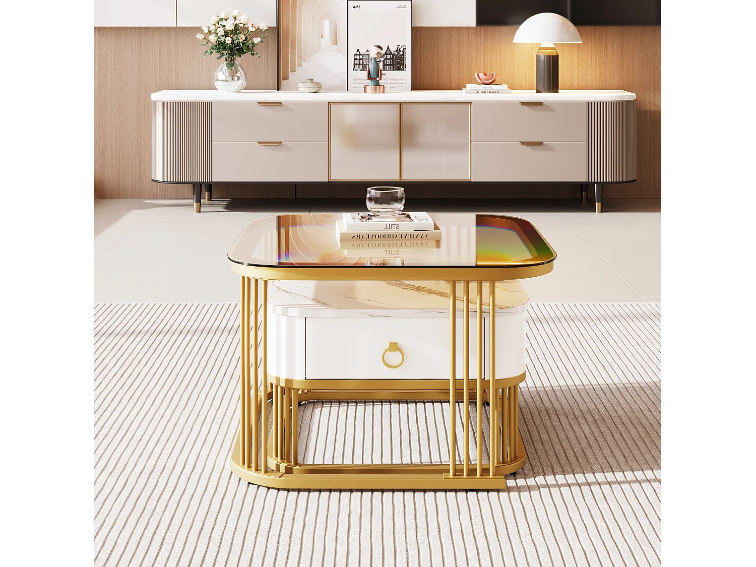 Lot de 2 tables basses avec 1 tiroir, plateau en verre marron et plateau en placage de marbre, structure en métal