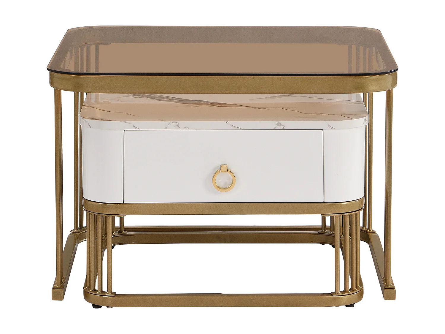 Lot de 2 tables basses avec 1 tiroir, plateau en verre marron et plateau en placage de marbre, structure en métal