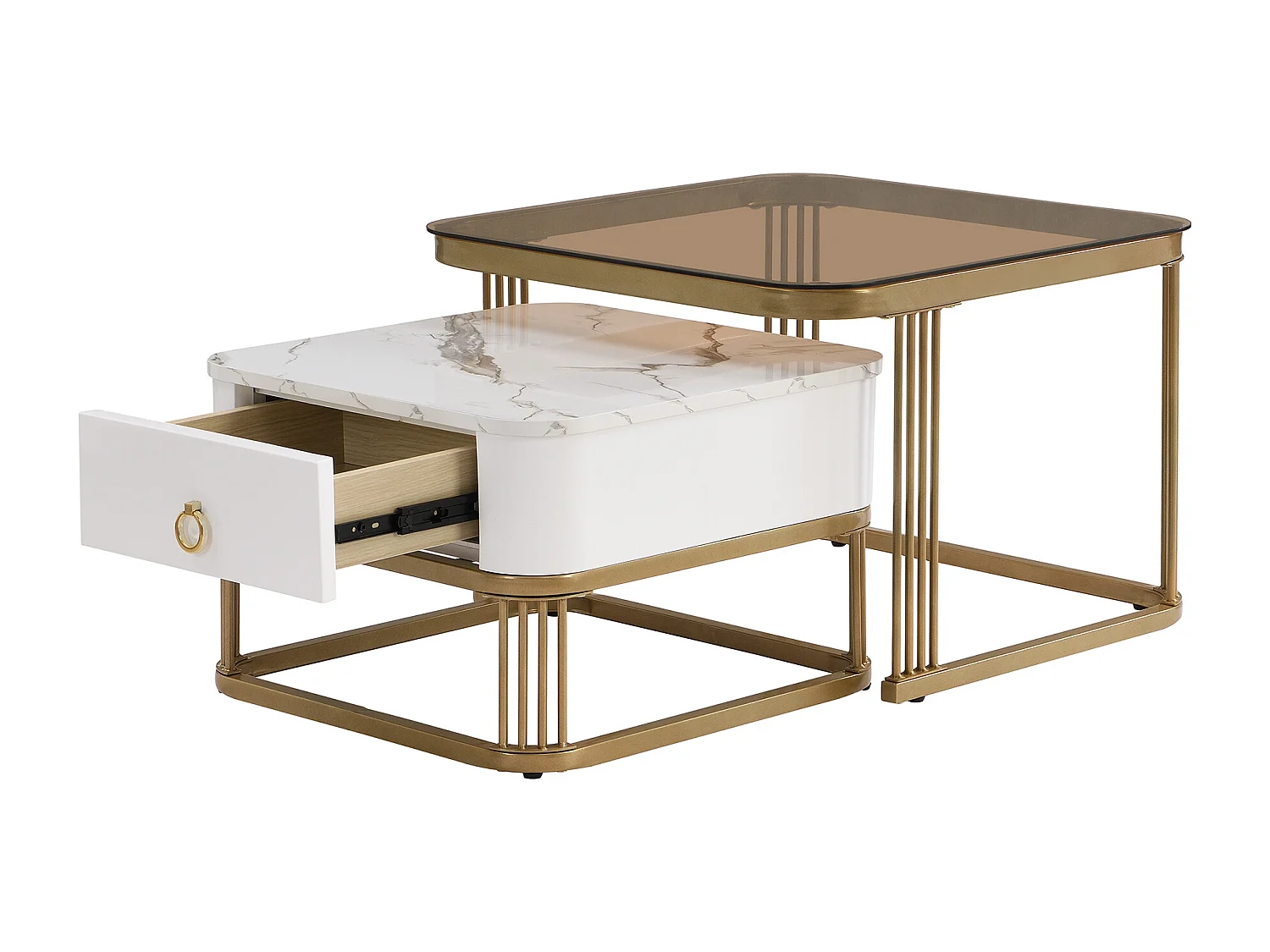 Lot de 2 tables basses avec 1 tiroir, plateau en verre marron et plateau en placage de marbre, structure en métal