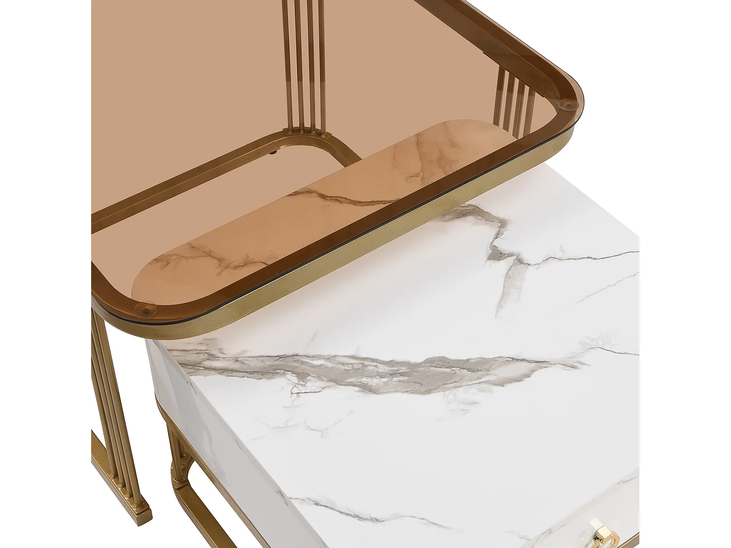 Lot de 2 tables basses avec 1 tiroir, plateau en verre marron et plateau en placage de marbre, structure en métal