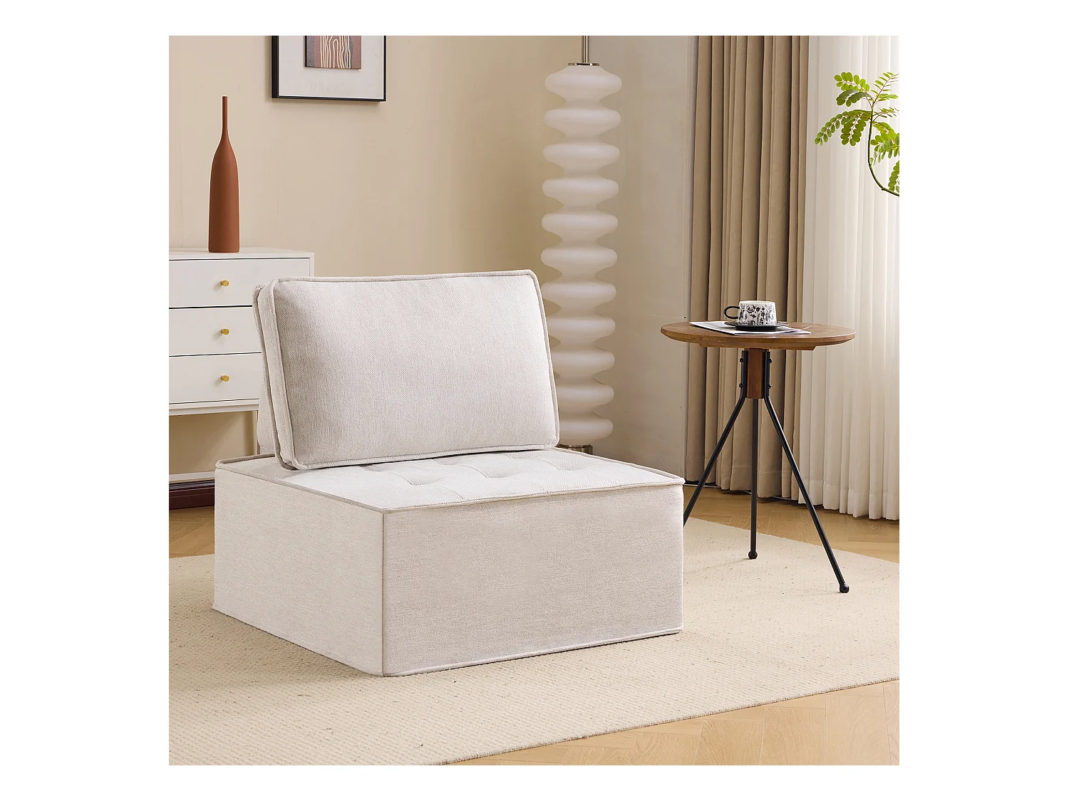 Canapé 1 place en lin beige - Dossier rembourré - Style moderne - Pour chambre ou salon