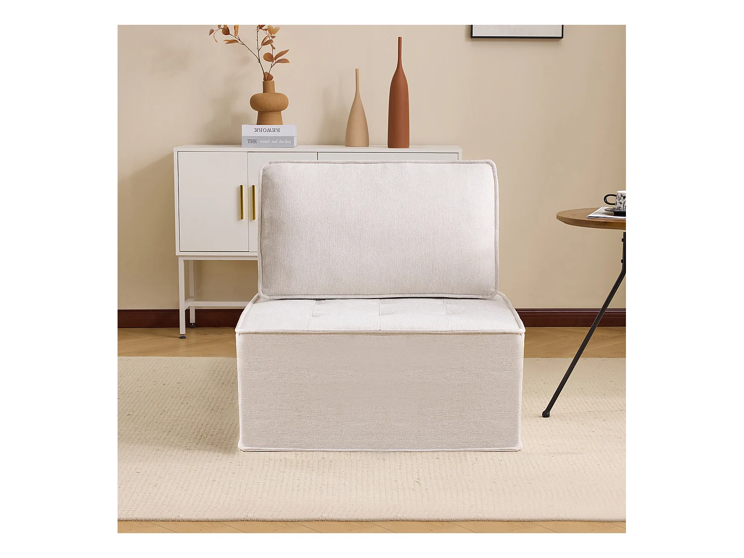 Canapé 1 place en lin beige - Dossier rembourré - Style moderne - Pour chambre ou salon