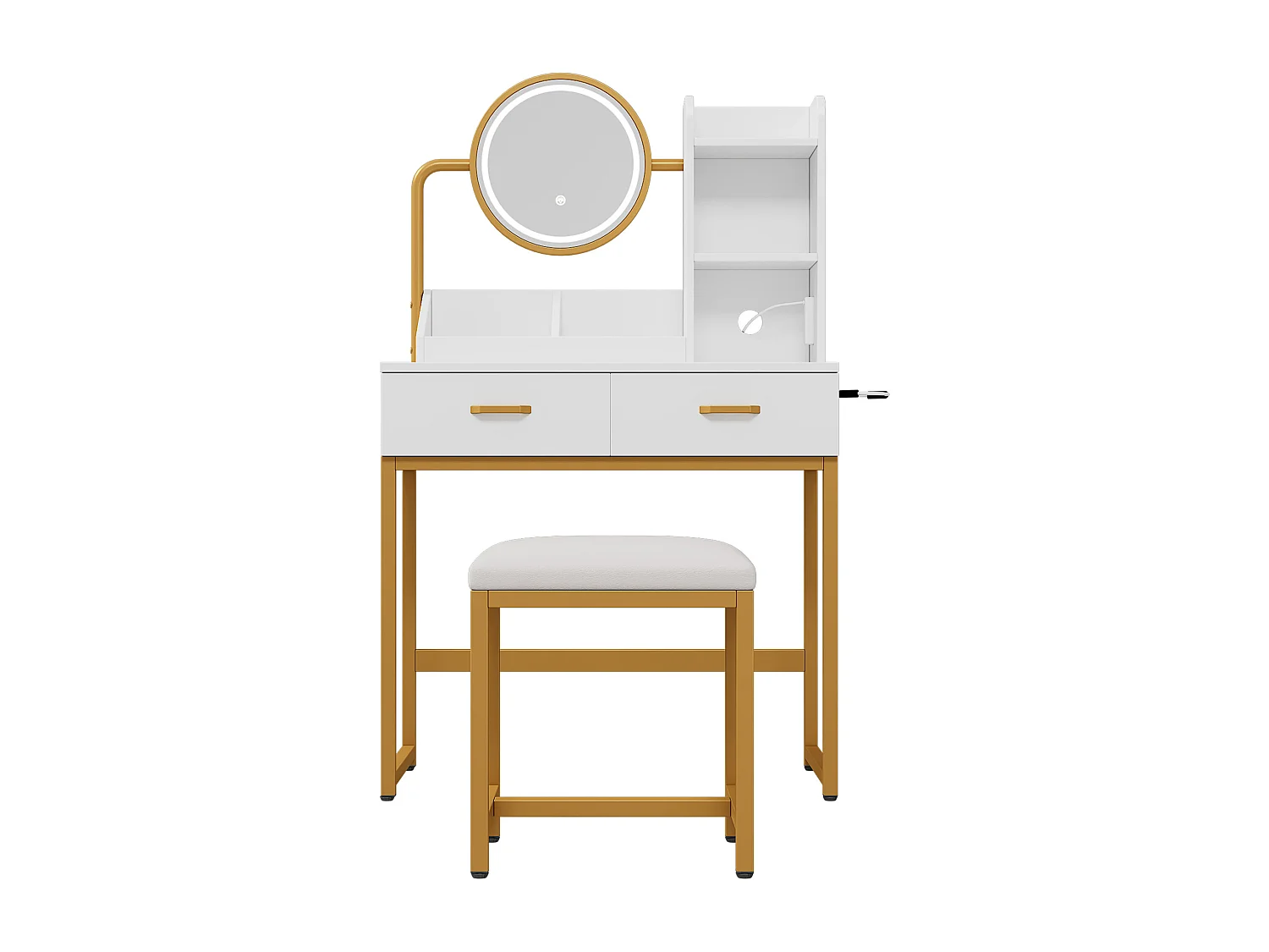 Biała toaletka z lustrem LED i gniazdkiem elektrycznym, złote metalowe nogi - w zestawie stołek