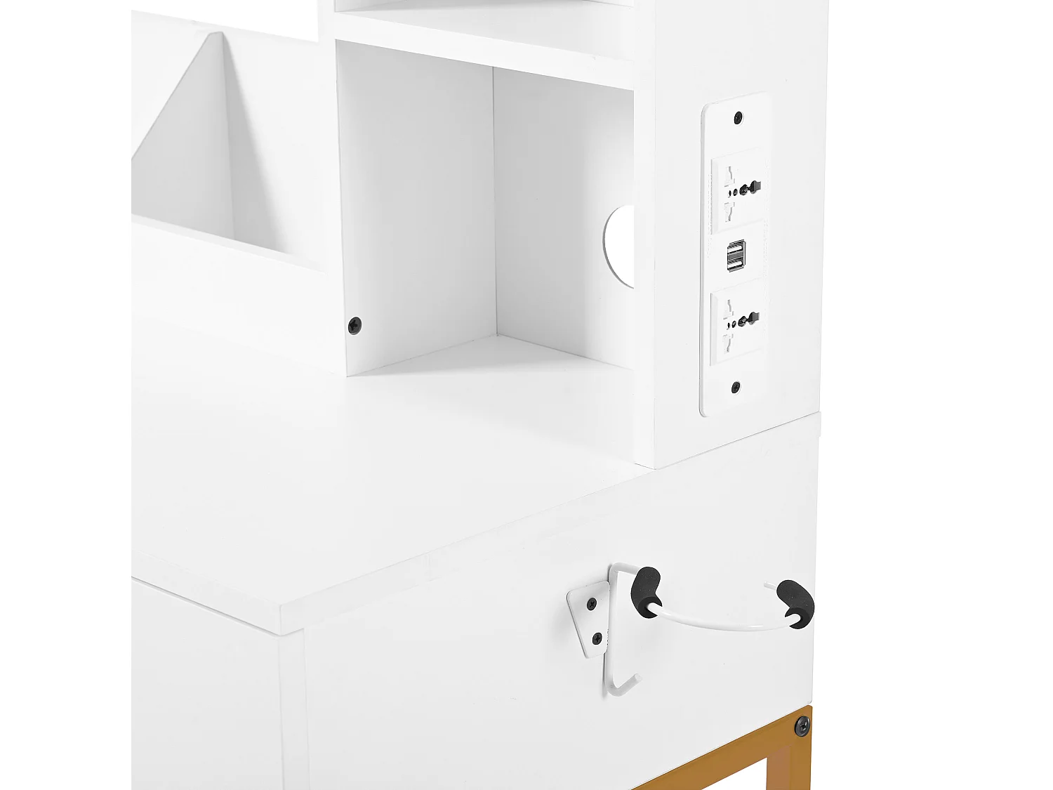 Biała toaletka z lustrem LED i gniazdkiem elektrycznym, złote metalowe nogi - w zestawie stołek