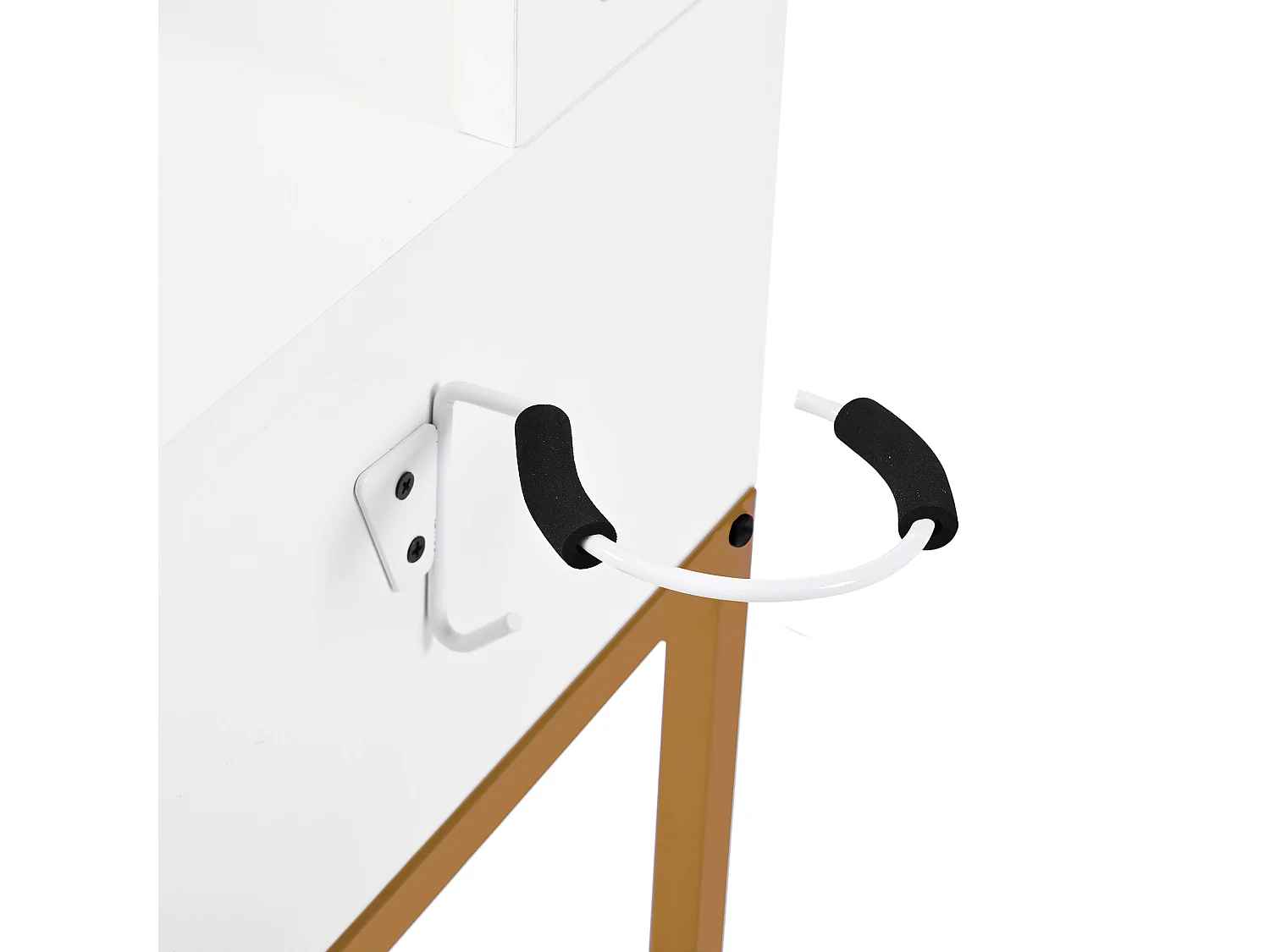 Biała toaletka z lustrem LED i gniazdkiem elektrycznym, złote metalowe nogi - w zestawie stołek