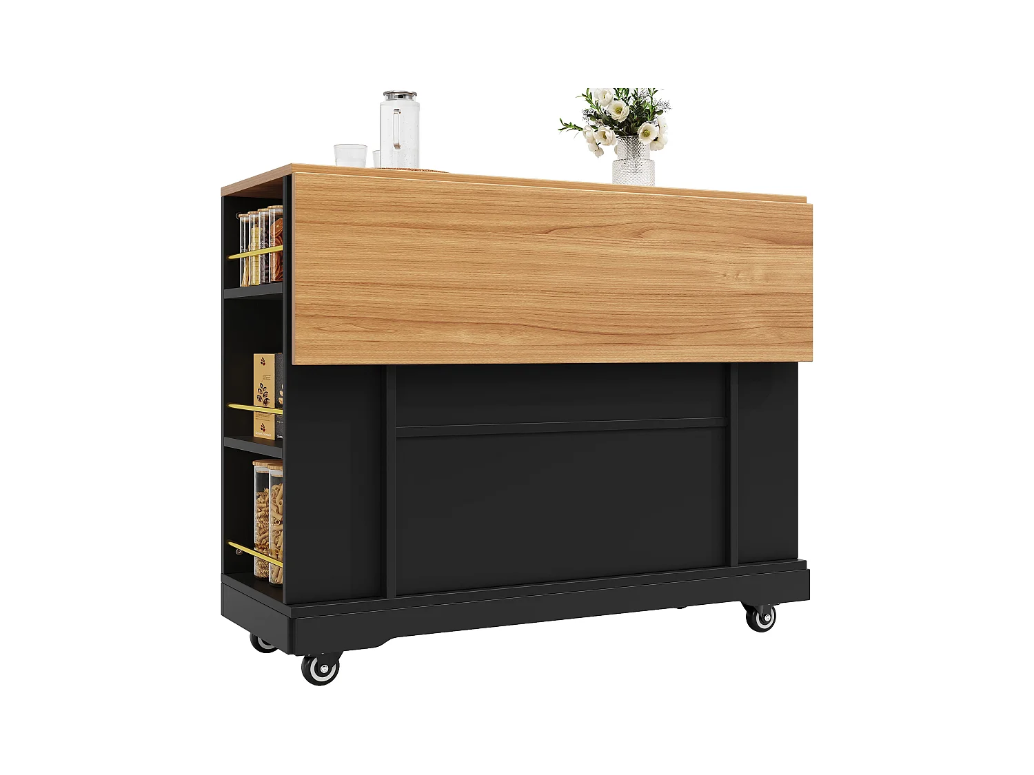 Desserte de cuisine mobile avec 2 portes et 2 tiroirs, îlot imitation bois, noir - pour cuisine et salon