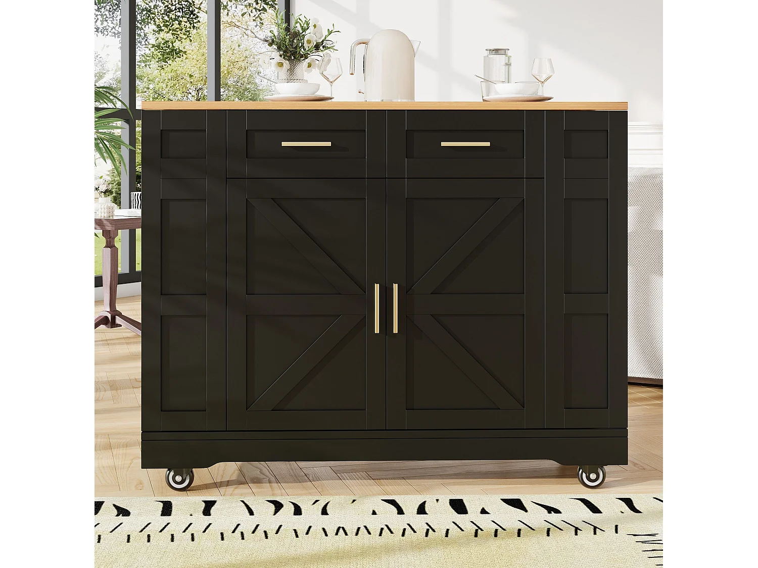 Mobiele keukentrolley met 2 deuren en 2 lades, eiland met houtlook, zwart - voor keuken en woonkamer