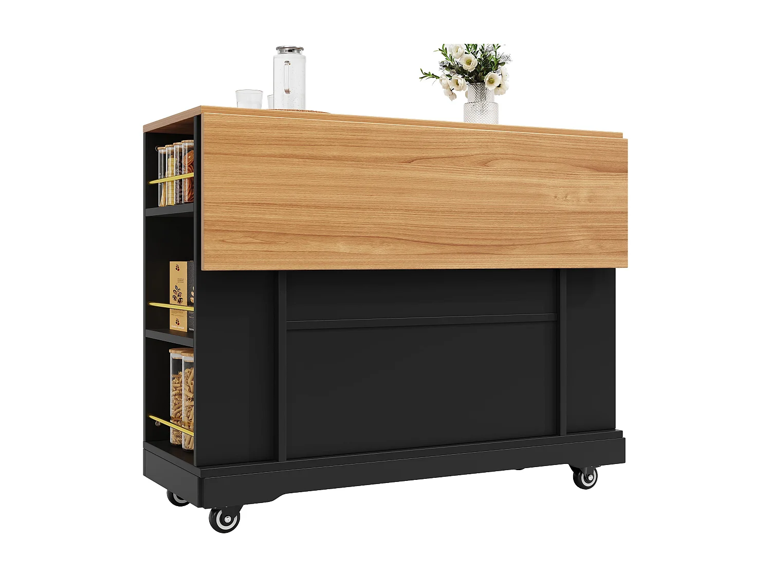 Mobiele keukentrolley met 2 deuren en 2 lades, eiland met houtlook, zwart - voor keuken en woonkamer