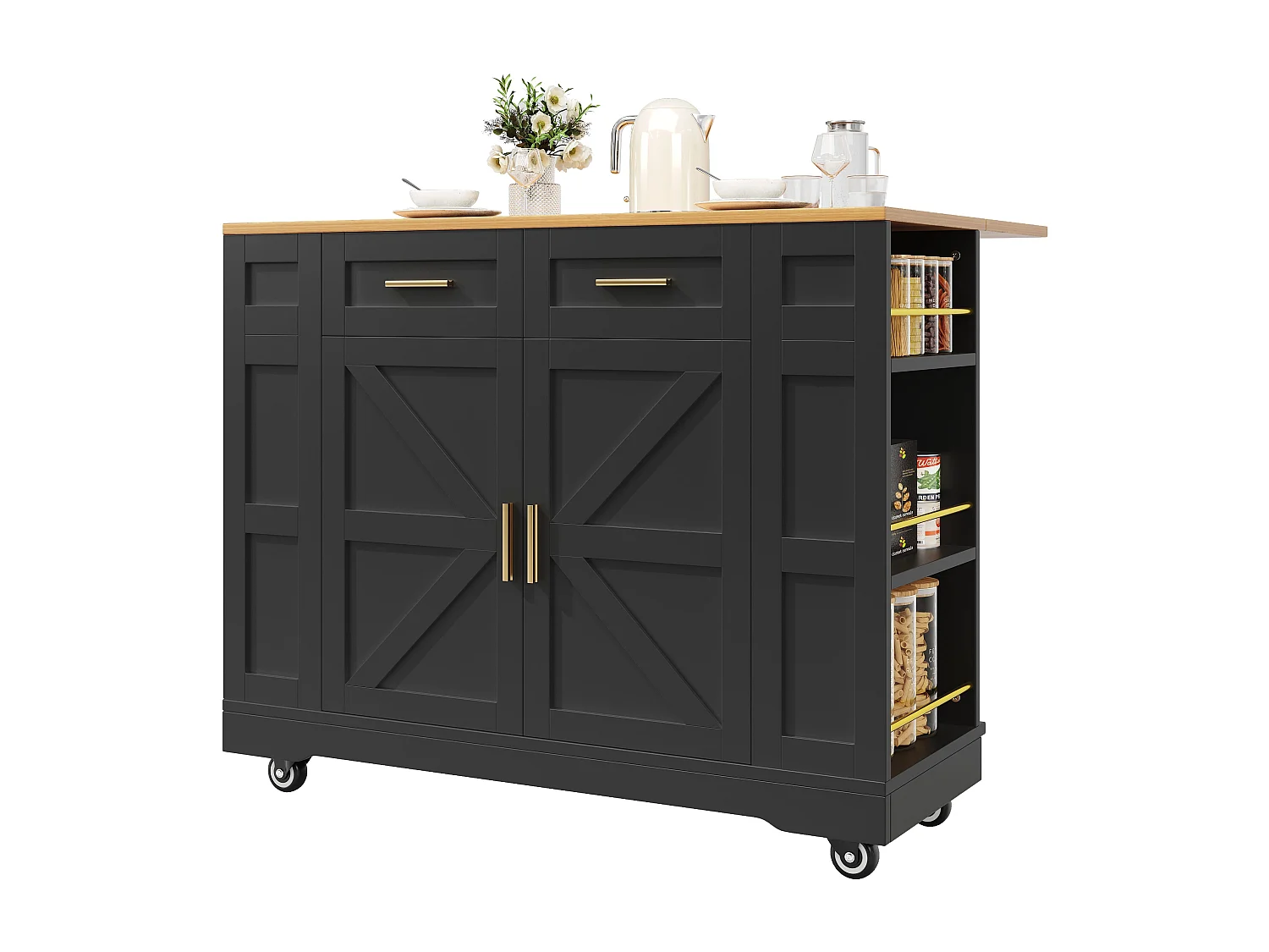 Mobiele keukentrolley met 2 deuren en 2 lades, eiland met houtlook, zwart - voor keuken en woonkamer