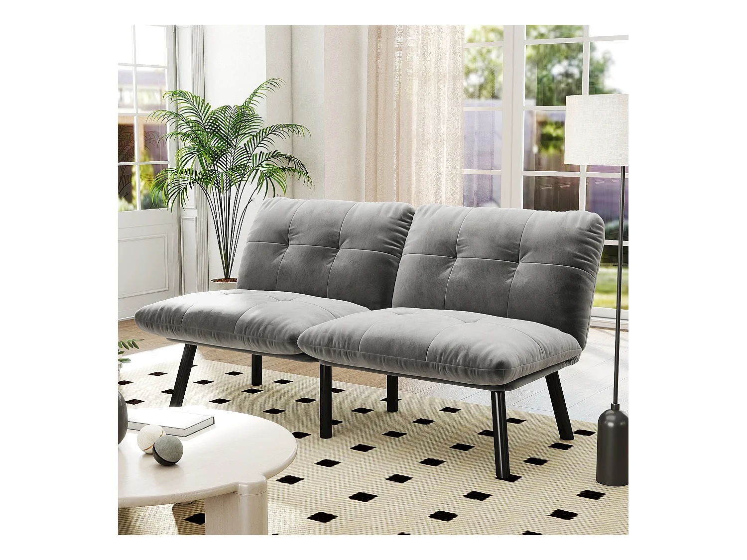 Canapé 2 places convertible en velours gris avec dossier inclinable - design moderne