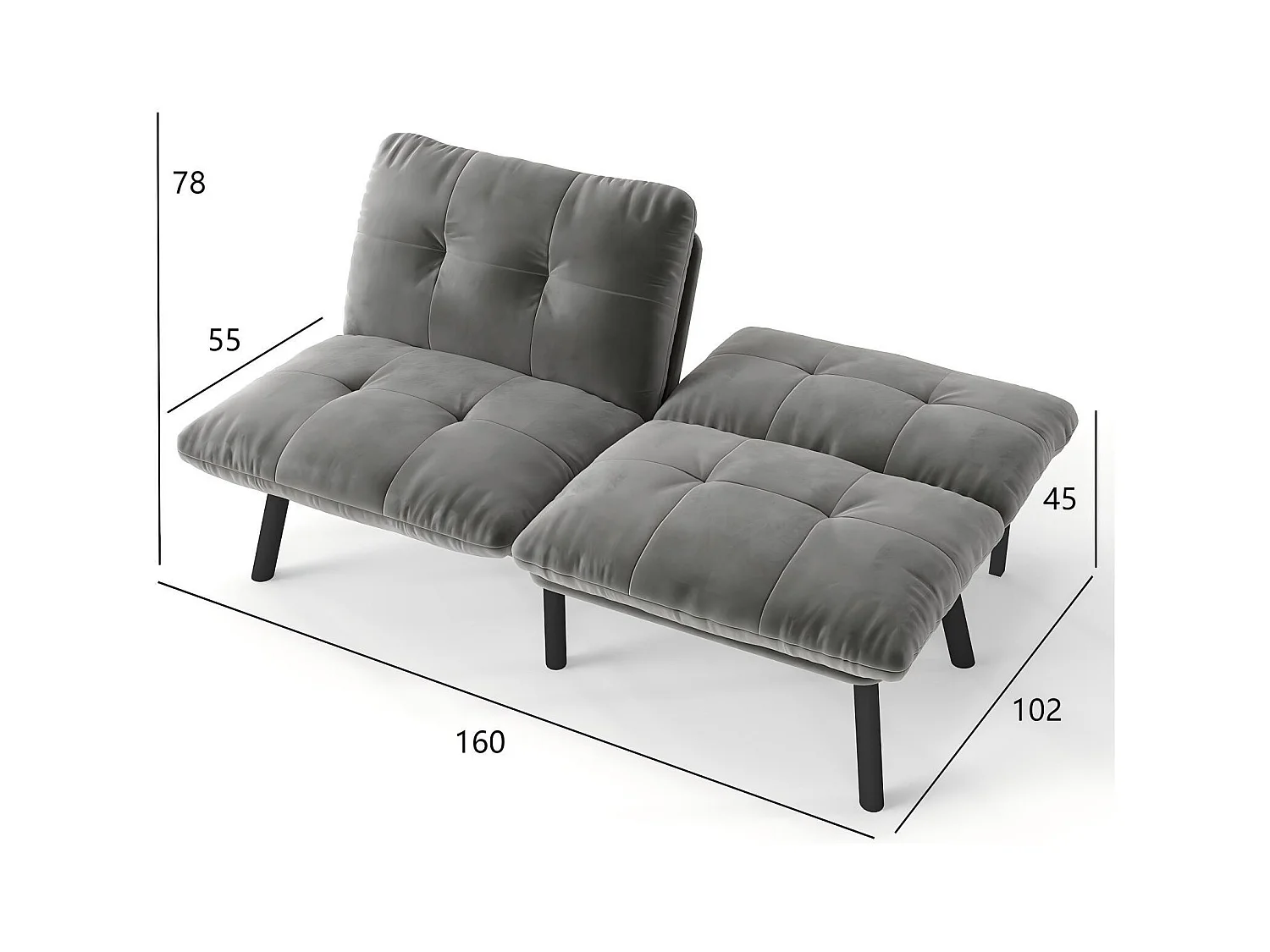 Canapé 2 places convertible en velours gris avec dossier inclinable - design moderne