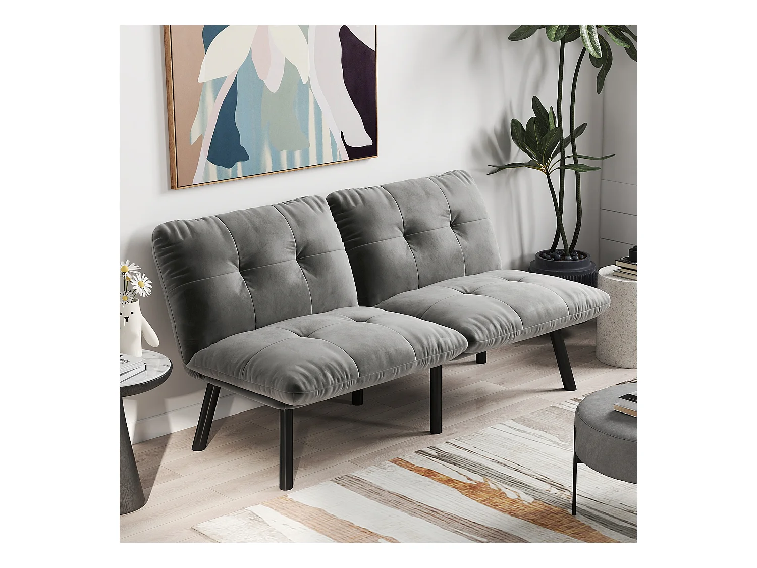 Canapé 2 places convertible en velours gris avec dossier inclinable - design moderne
