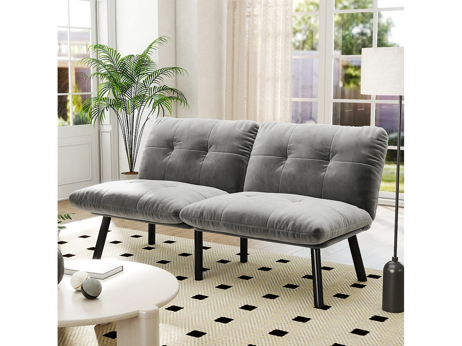 2-Sitzer Schlafsofa aus grauem Samt mit verstellbarer Rückenlehne - modernes Design