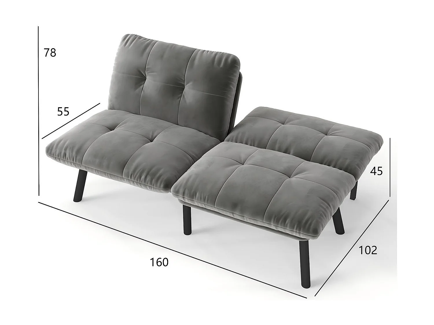 2-Sitzer Schlafsofa aus grauem Samt mit verstellbarer Rückenlehne - modernes Design