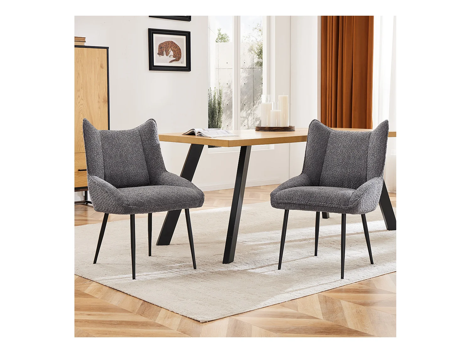 Lot de 2 chaises de salle à manger avec dossier rembourré et pieds en métal noir - Velours Teddy gris